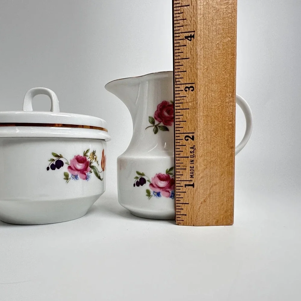Vtg Henneberg Porzellan GDR Creamer & Sugar Bowl Floral Roses Gold Trim 1777